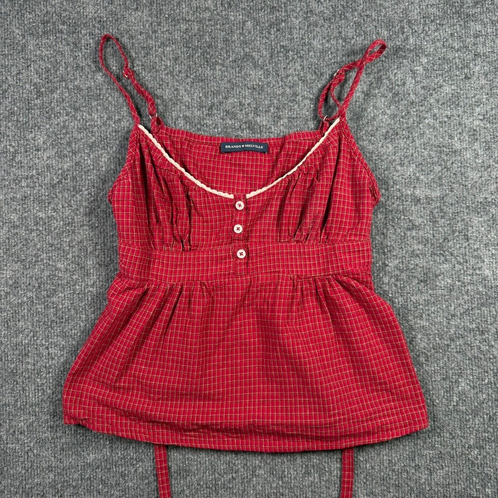 Brandy Melville Cami Top OS Babydoll Red Plaid Lace Trim Cottagecore Dainty